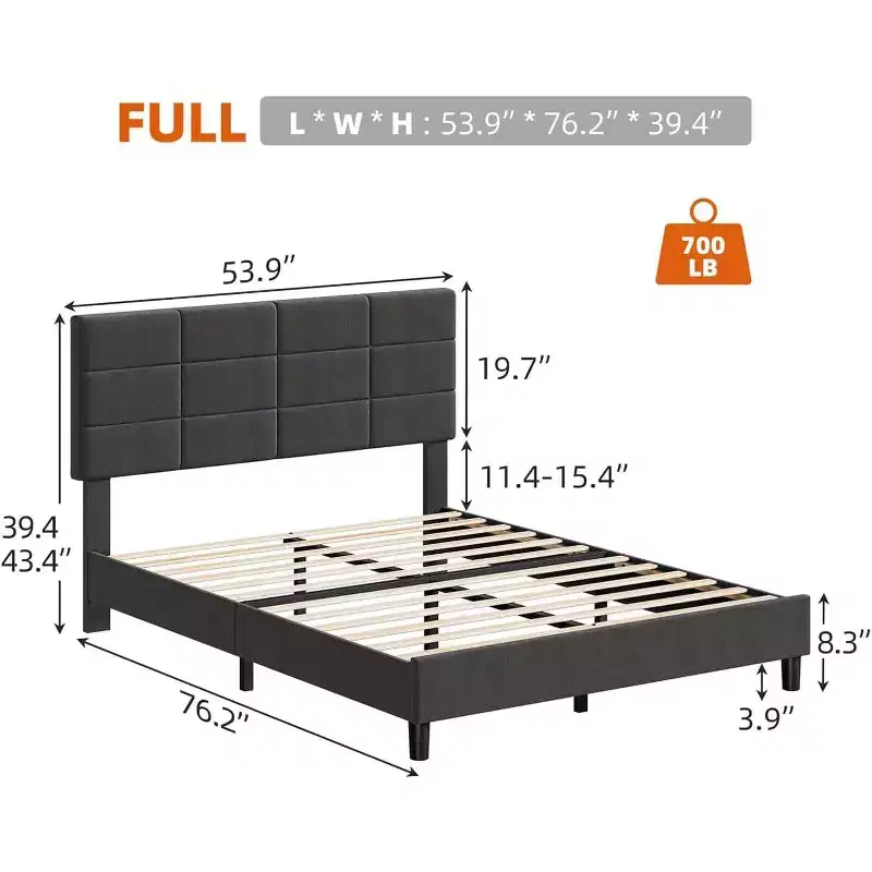 Full Size Bed Frame with Headboard, Grey Linen Upholstered w/ 700LBS Wood Slat Support, No Box Spring