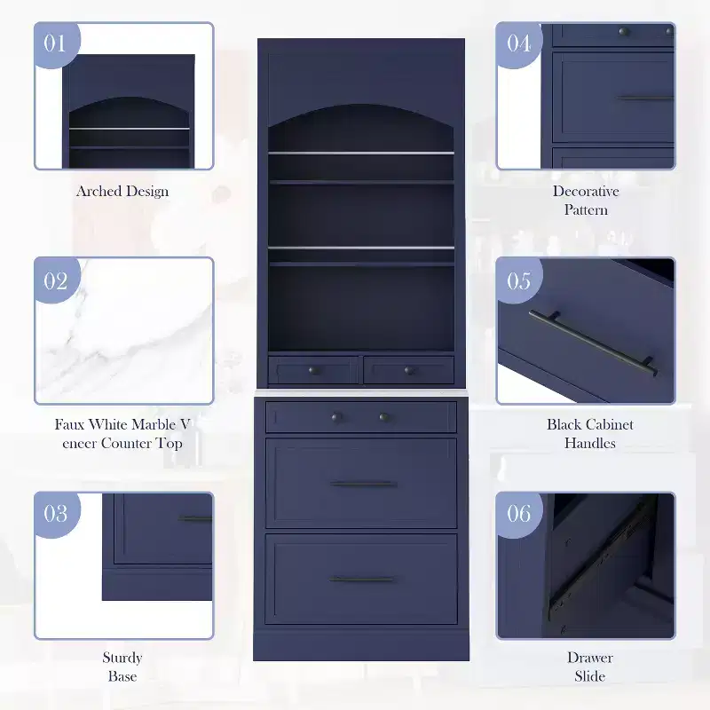Freestanding Kitchen Pantry Storage Cabinet with Drawers and Shelves, Tall Kitchen Hutch with Faux Marble Top