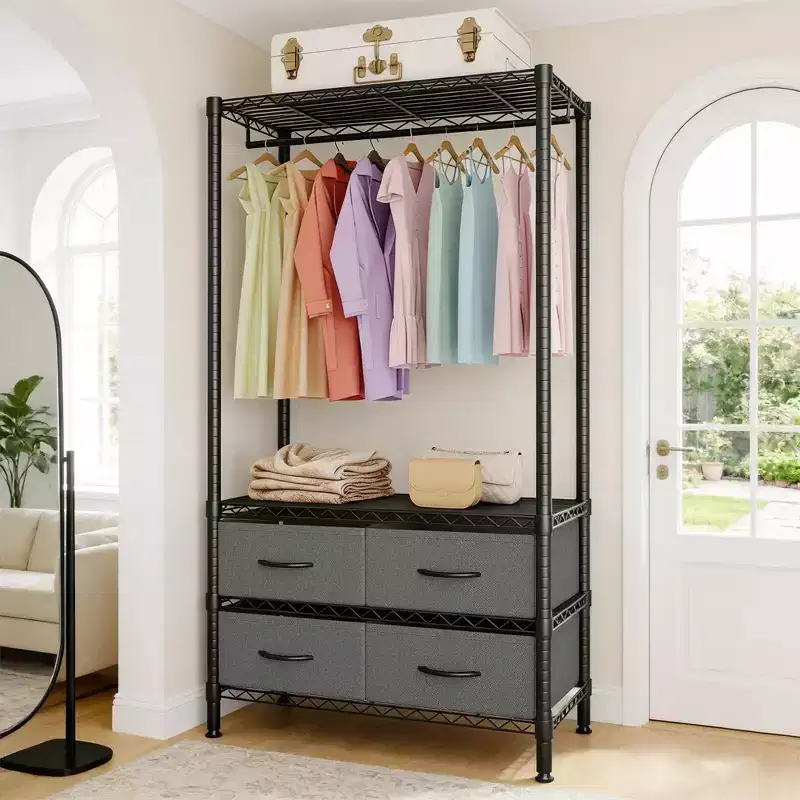 Metal Garment Rack with Adjustable Shelves & 4 Fabric Drawers, Heavy Duty Clothes Hanger