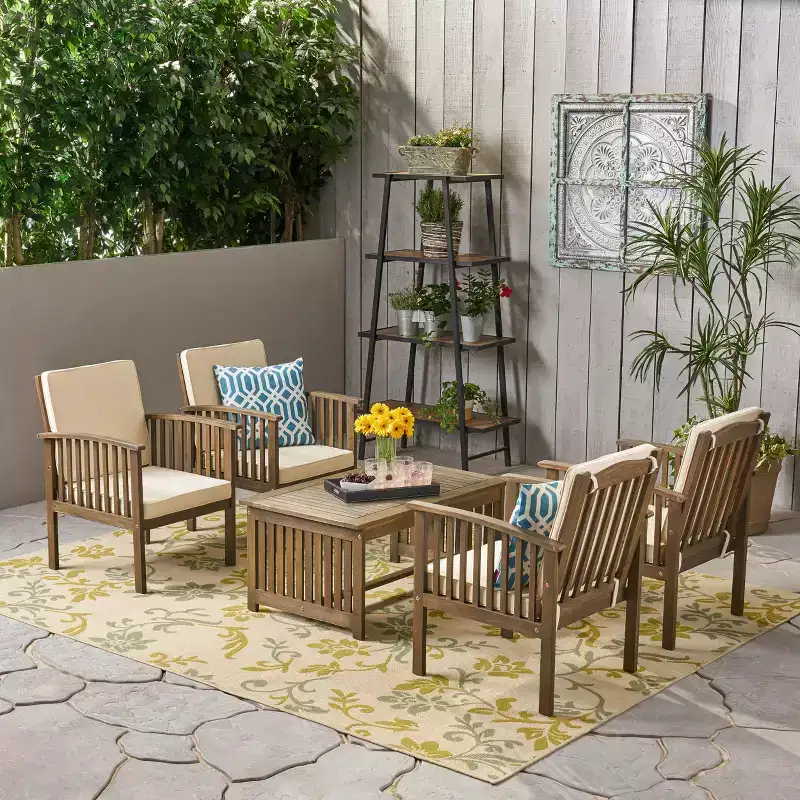 Christopher Knight Home Carolina Outdoor Acacia Wood 5 Piece Club Chair Chat Set with Cushions