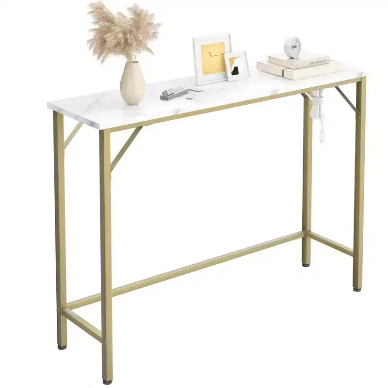 Coolmee Narrow Console Table, Golden Sofa Table with Outlets, Behind Couch Table for Living Room, Hallway Table for Entryway
