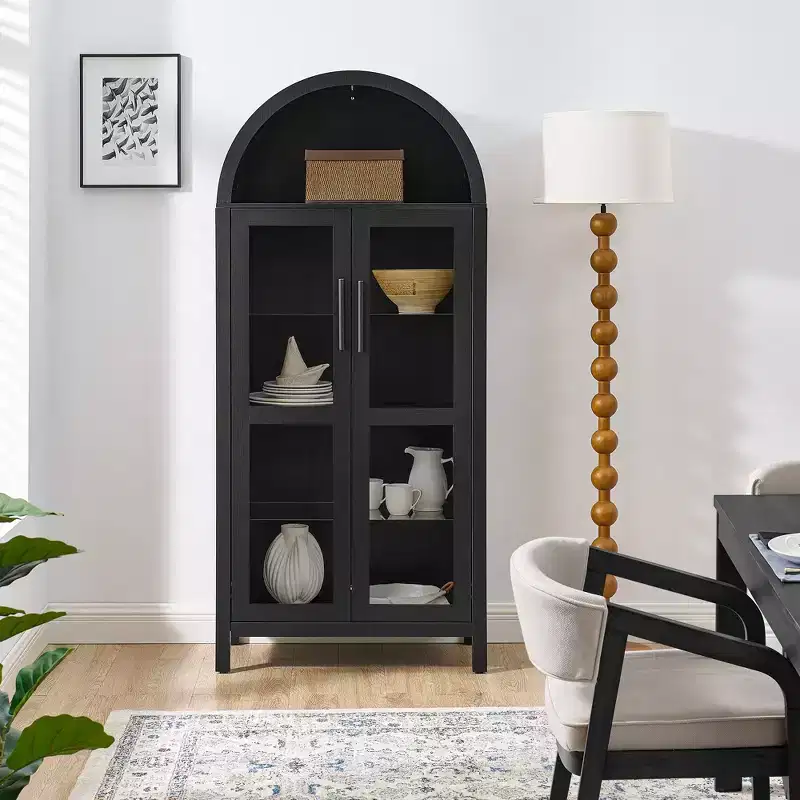 JVNOXK-A high arched storage cabinet with a lamp, a modern retro-style wooden storage cabinet with adjustable glass partitions, -Black