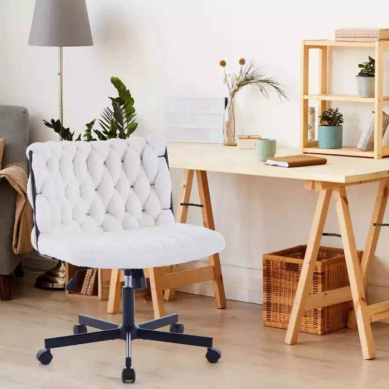 Cross Leg Desk Chair with Wheels, Wide Seat Armless Swivel Office Chair, Modern Vanity Makeup Chair, Comfy Computer Task Chair for Home Office