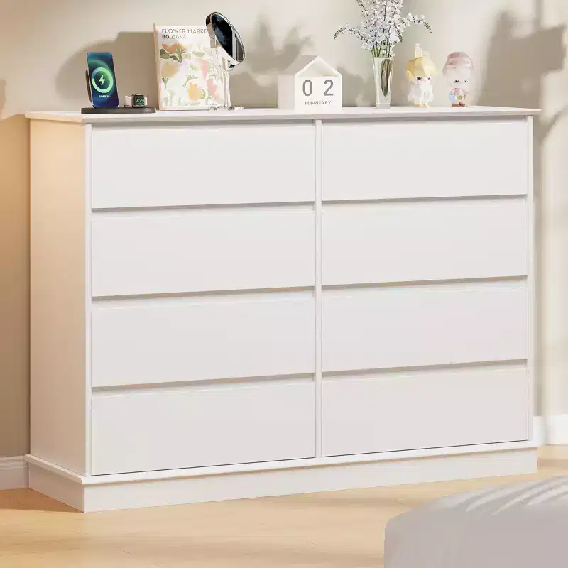 Modern Dresser for Bedroom with 8 Drawers, Wide Chest of Drawers, Wooden Storage Organizer Unit for Closet, Living Room, Kids Room, Nursery, White