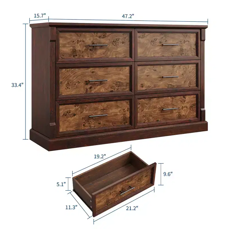 COZONY 47 6-Drawer Farmhouse Dresser  Rustic Wooden Double Chest with Metal Handles for Bedroom, Living Room & Hallway Storage