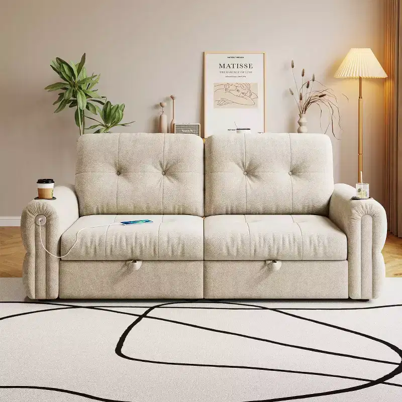 Modern 2-in-1 Convertible Sleeper Sofa Bed with Fold-Down Backrest, Soft Flannelette Pull-Out Sofa for Living Room or Guest Room-Panipeachy