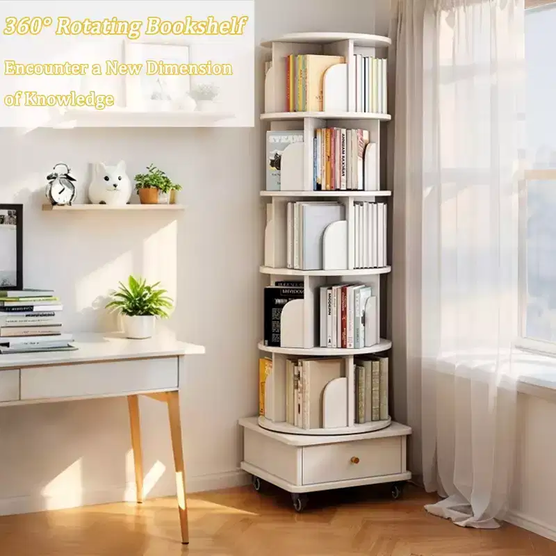 6 Tier 360 Rotating Bookshelf Warm White Round Spinning Tower 18.11x18.11x68.11