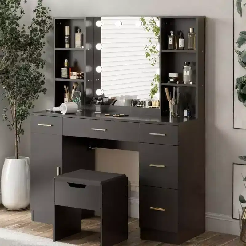 Garvee 56''Makeup Vanity Desk with Mirror,Modern Dressing Table with Drawers & Adjustable Shelves, Makeup Table Set with Cushioned Stool for Bedroom