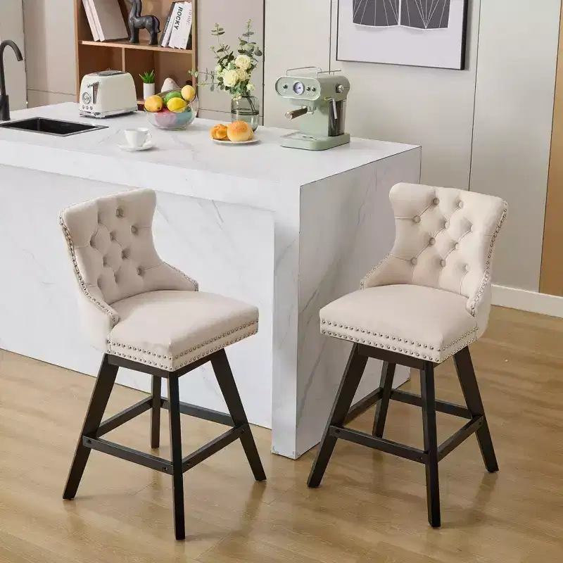 Okak Swivel Bar Stools Set of 2, Upholstered Velvet Stools with Button Tufting and Chrome Nailhead Trim, Leisure Style Counter Height Stools