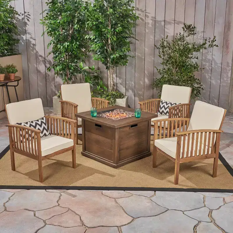 Christopher Knight Home Carolina Outdoor Acacia Wood 5 Piece Club Chair and Fire Pit Set with Cushions
