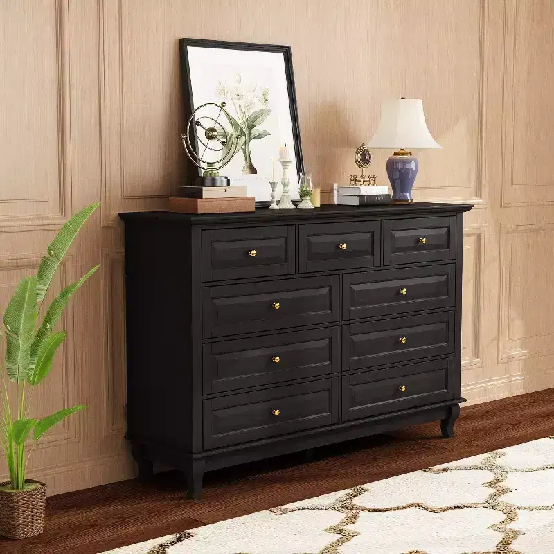 White / Antique Style / 9-Drawer Dresser with Metal Button Handles