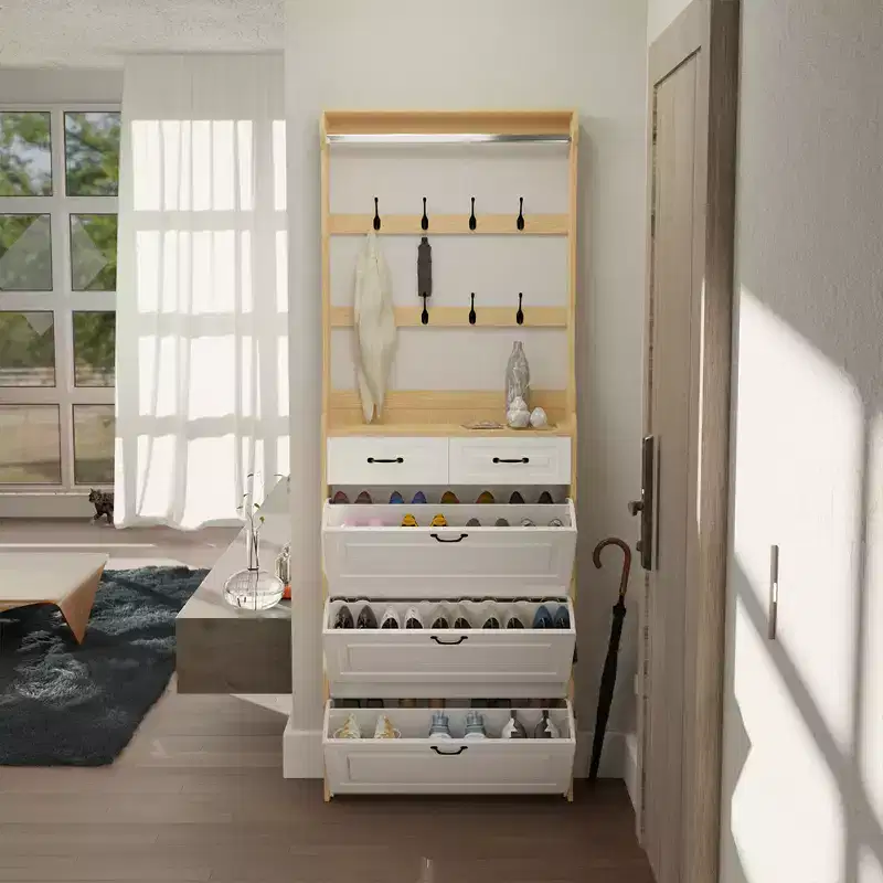 Freestanding Shoe Cabinet with Flip-Top Doors, Drawers and Hooks
