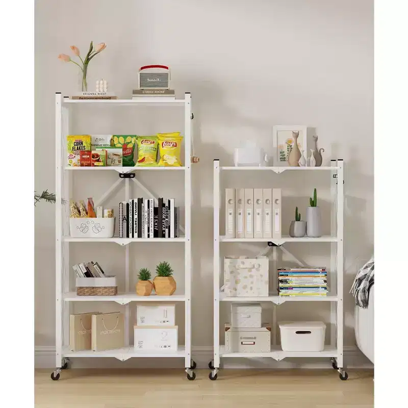 4-Tier Foldable Metal Storage Shelf with Side Hooks Heavy Duty Kitchen Organizer Rack White