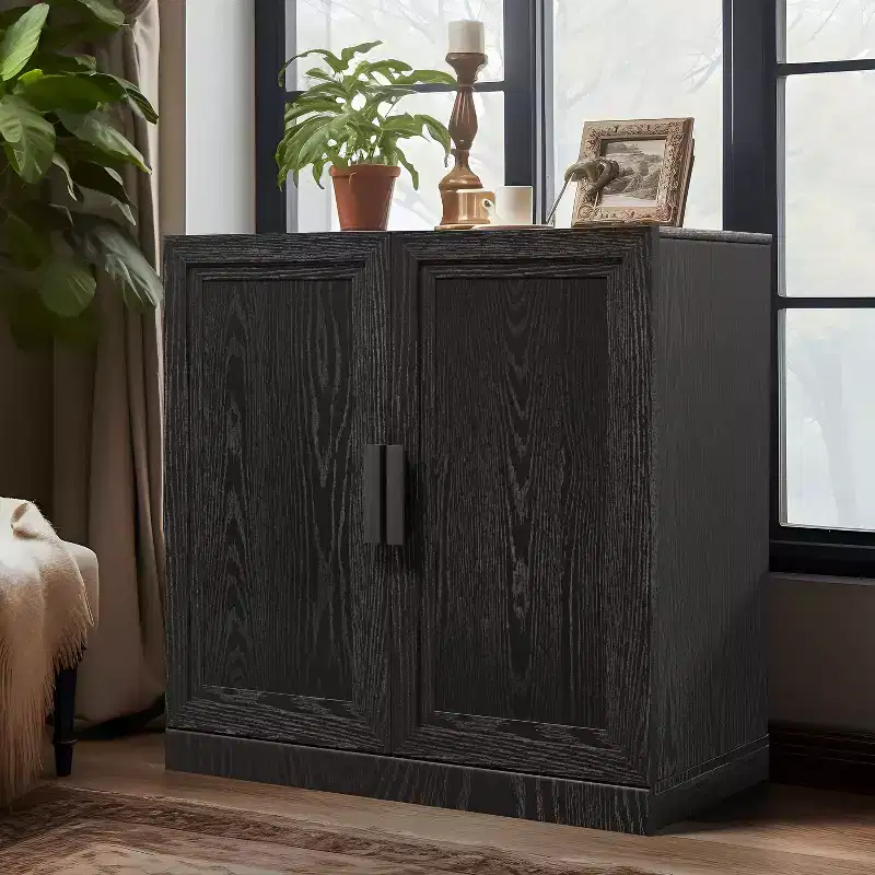 PexFix 31 Wooden Accent Cabinet Storage Modern Sideboard Buffet Cabinet with 2 Doors and Adjustable Shelf for Living Room Dining Room Entryway Black