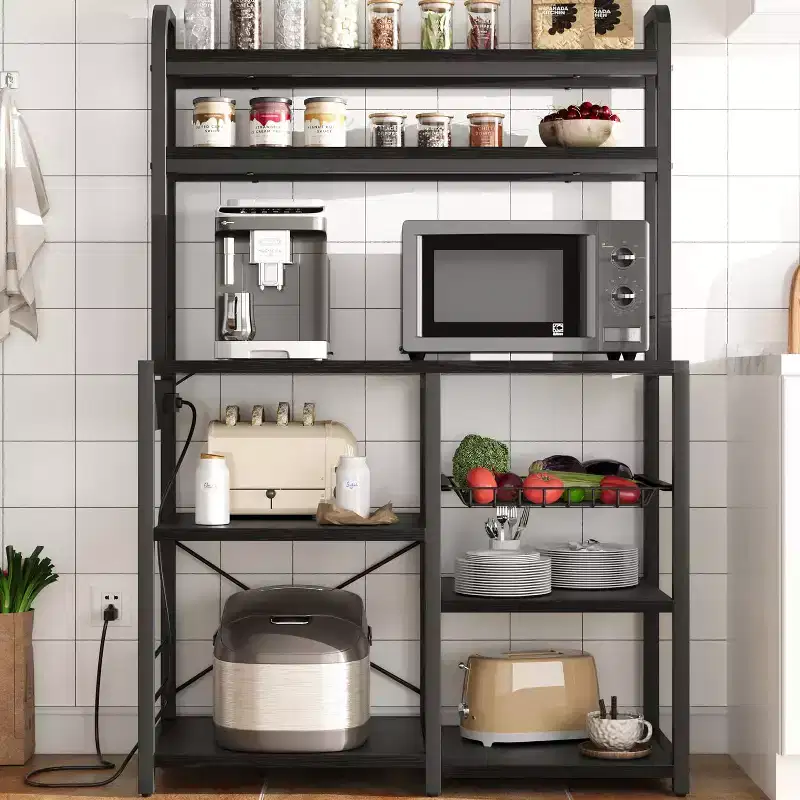 Bakers Rack with Power Outlet, Kitchen Baker Rack with Wire Basket, Microwave Stand with Large Open Storage Shelves, 6-Tier Freestanding Storage Shelf