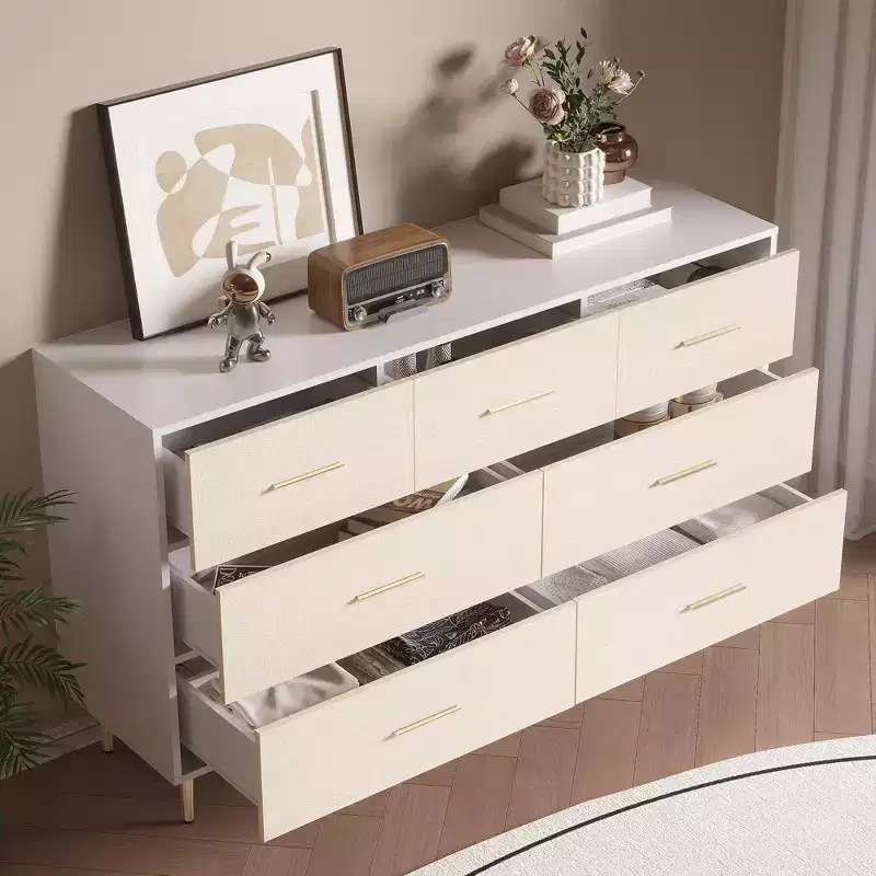 7 Drawer Dresser, Modern Chest of Drawer with Gold Metal Handles, Wood Dresser for Bedroom with Strong Metal Legs, White Storage Organizer
