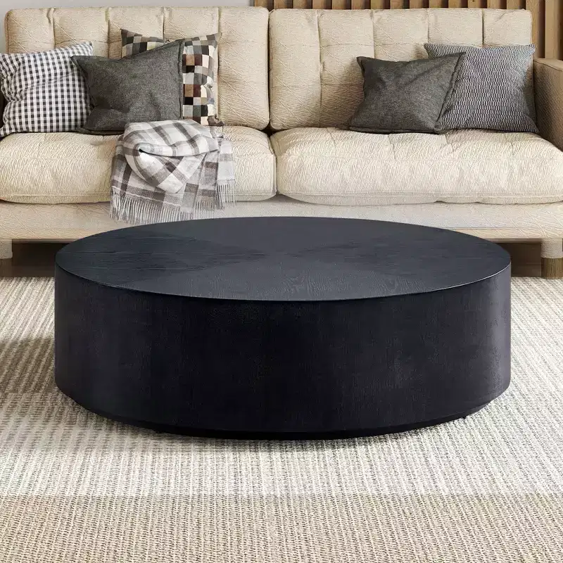 Okak Modern 35.4 Round Wood Coffee Table, Sturdy Base Drum Center Table, No Need Assembly for Living Room Apartment