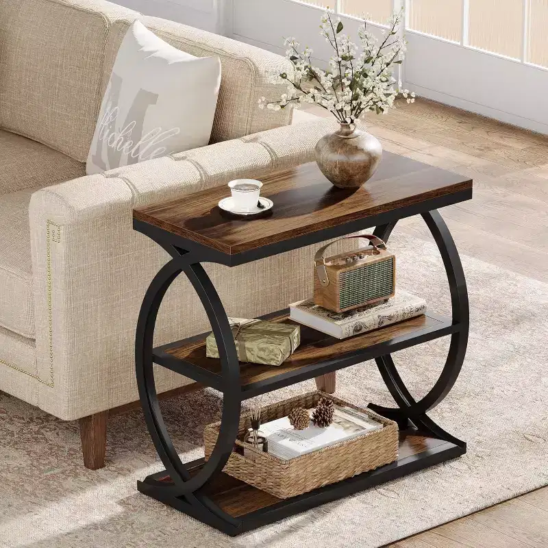 Lantine 3-Tier End Table, Industrial Wooden Side Table with Metal Frame for Bedroom, living Room, Rustic Brown