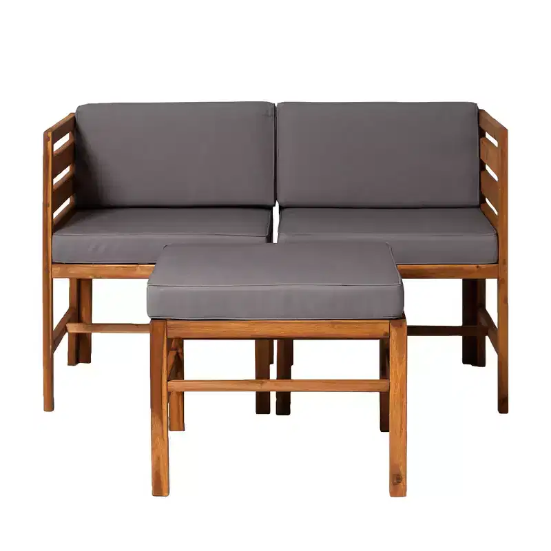 GDFStudio Elisha Outdoor Acacia Wood 3 Piece Left and Right Arm Chairs and Ottoman with Cushions