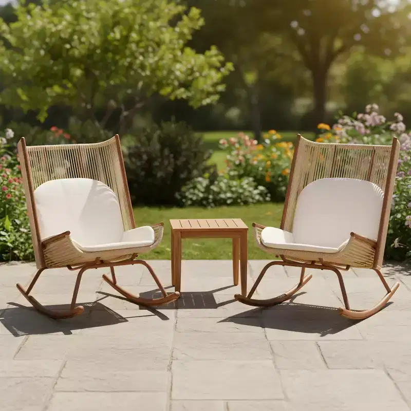 Christopher Knight Home Ved Farmhouse 3 Piece Patio Dining Set with Acacia Wood Table and Iron Rocking Chairs