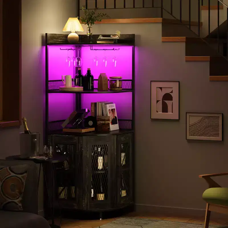 Industrial Corner Bar Cabinet with Power Outlet, 5-Tier Wine Cabinet w/ LED Strip & Glass Holder, Liquor Display Storage Cabinet for Home Bar