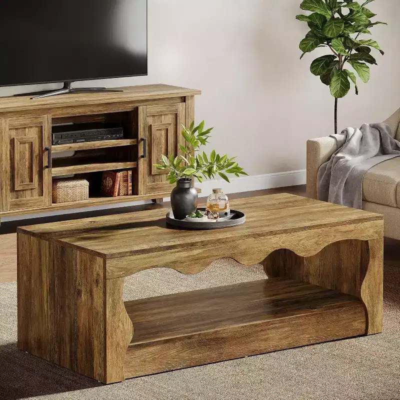 Lantine 47.24-Inch Wooden Coffee Table, 2-Tier Rectangular Accent Center Low Cocktail Tea Table with Open Storage Shelf for Living Room