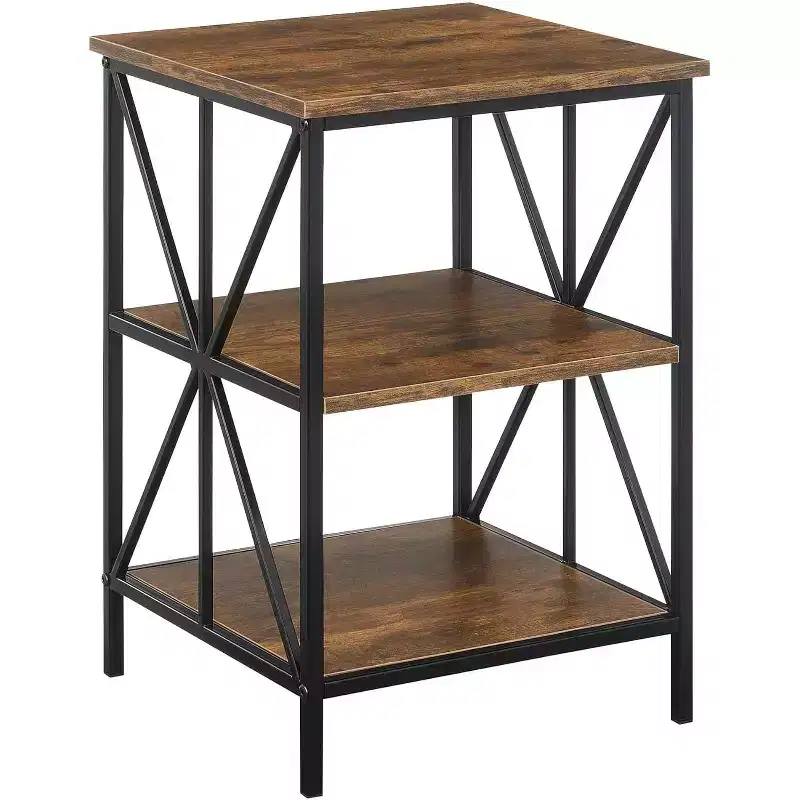 HomeStock Belmont End Table with Three Shelves, Crisscross Metal Frame and Woodgrain Finish, Modern Accent Storage Table for Living Room