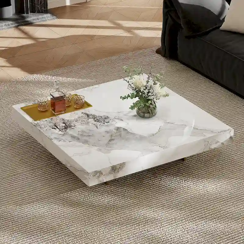 Modern 42 Faux Marble Square Coffee TableGlossy Sintered Stone Tabletop