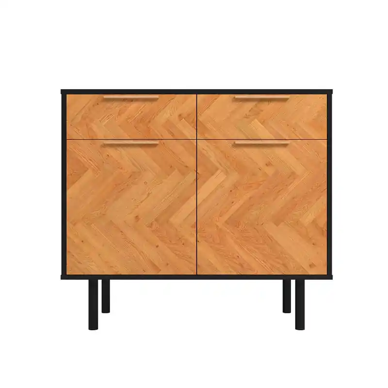 Mid-Century Modern Sideboard Server | 2-Drawer Storage Cabinet with Herringbone Wood Doors