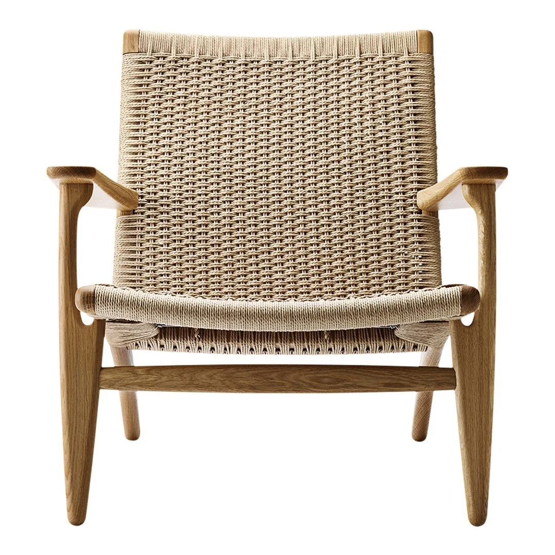 Scandinavian Solid Oak & Paper Cord Lounge Chair with Broad Armrests & Reclining Back for Living Room