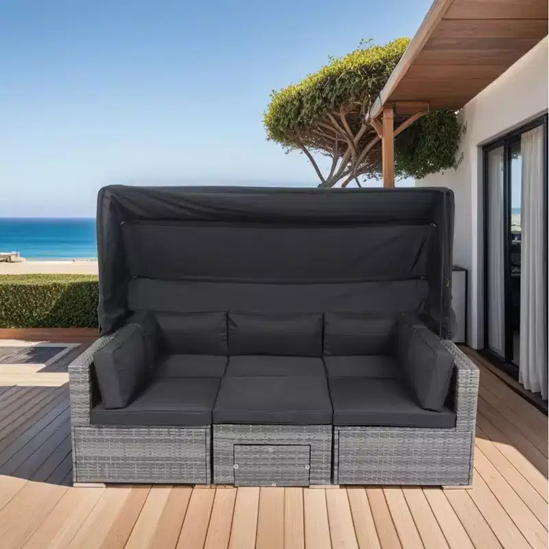 Whisen 7-Piece Wicker Rattan Patio Sectional Set with Retractable Canopy & Washable Cushions