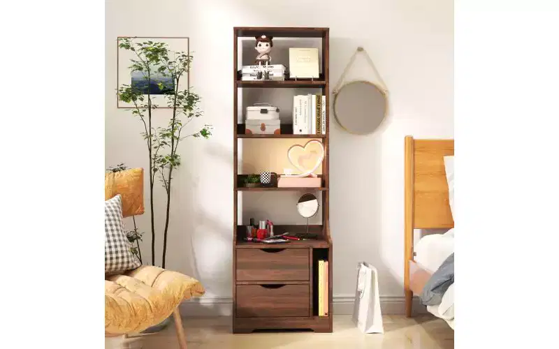 Modern 4-Tier Open Bookshelf with 2 Drawers, Large Capacity Display Storage Cabinet, Bookcase for Living Room, Home Office