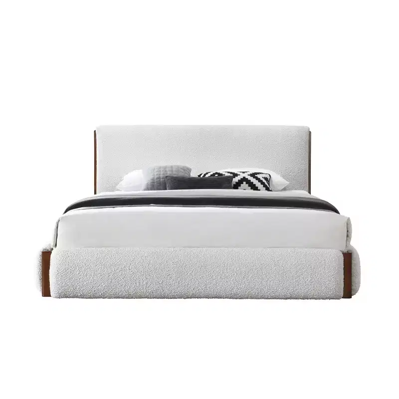 88.98 Queen Bed Sandro Bed White Boucle & Walnut Finish - Acme Furniture: Linen Upholstery, Chrome Frame, No Tools Assembly