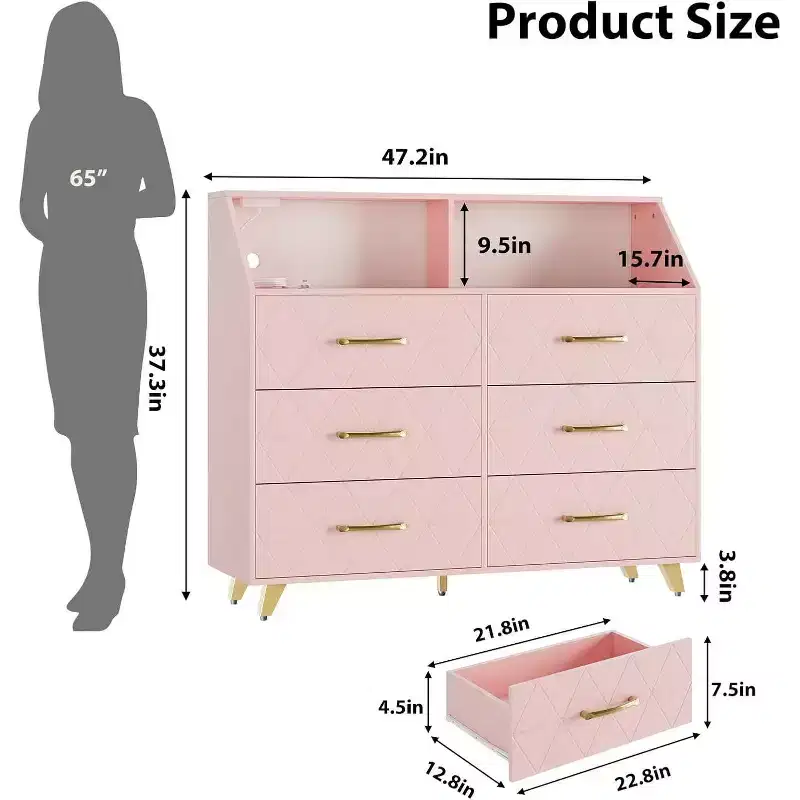 6-Drawer Dresser with Power Station, Geometric Front & Gold Legs – Modern Storage Cabinet for Bedroom