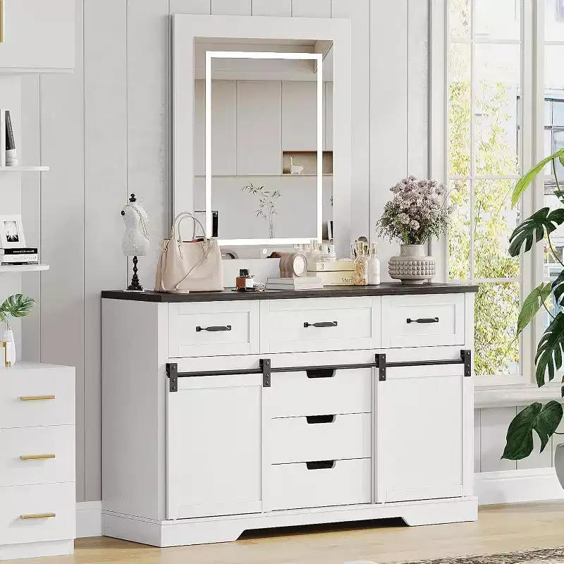 Acekool Farmhouse 6 Drawer Dresser with Sliding Barn Doors, Rustic Chest & TV Stand Organizer for Bedroom, Living Room