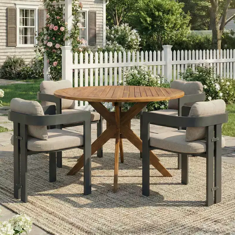 Christopher Knight Home Evren 5 Piece Patio Modern Aluminum Dining Chair with Acacia Wood Slatted Dining Table