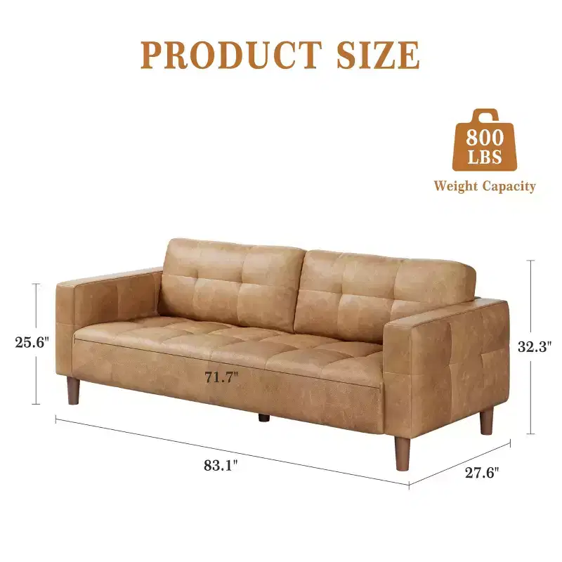 3-Seater Sofa Couch, 83 Wide Faux Leather Sofa Couch with Spring Cushion, Modern Sofa with Deep Seats Orange
