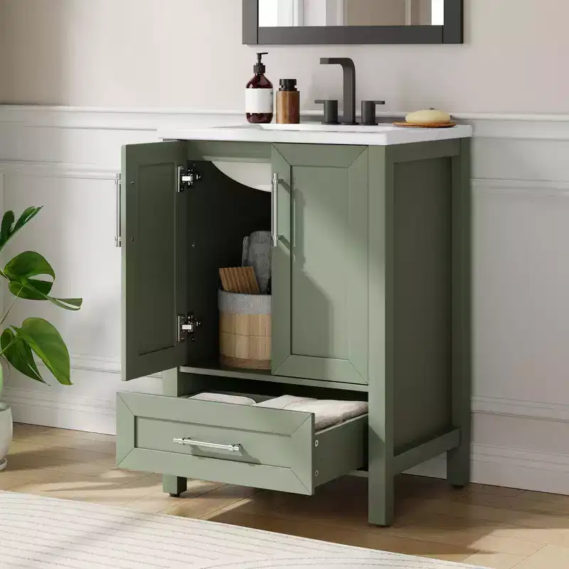 Modern Freestanding Bathroom Vanity Set with Single Ceramic Sink - Cabinet with Soft-Close Doors and Drawer