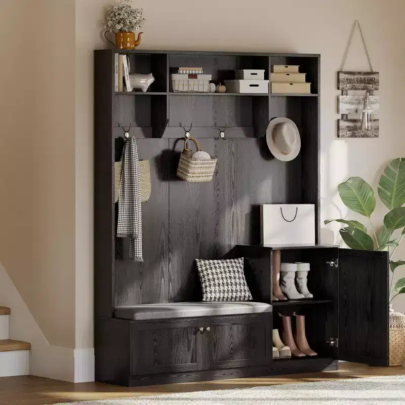 Bench and Shoe Storage,3-in-1 Farmhouse Entryway Bench with Coat Rack, 4 Hooks,4 Shoe Cubbies&3 Open Compartments,for Entryway,Mudrooms