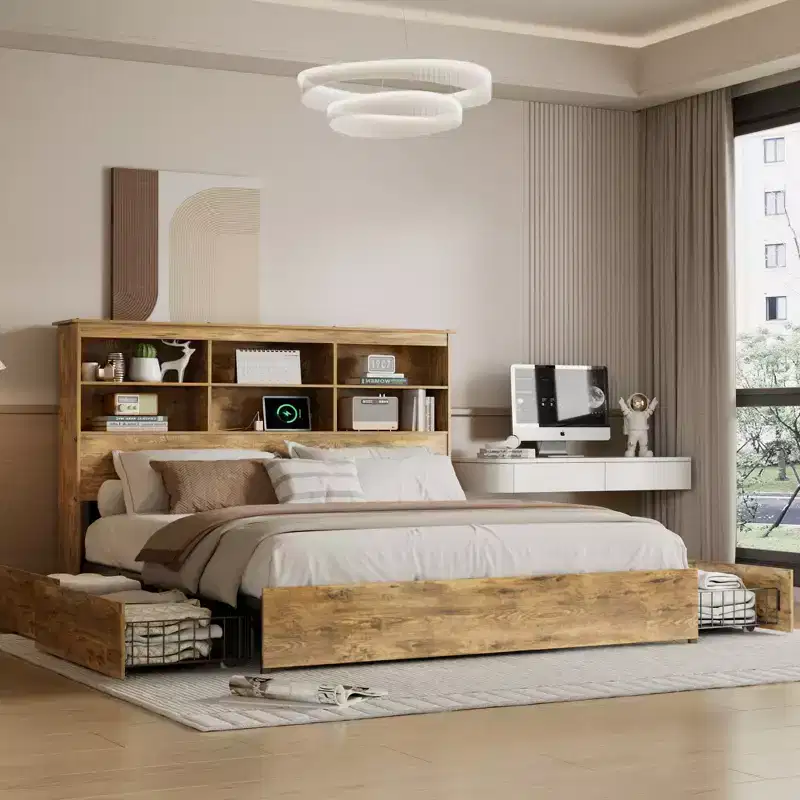 VECELO Bed Frame with 50 Storage Bookcase Headboard, 4 Drawers & USB Charging Station, Metal Slats Platform Bed Frame, Rustic Brown Bed