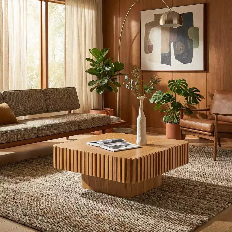 Modern 35.43 Inch Handcraft Drum Coffee Table Square Coffee Table for Living Room,with Sturdy MDF Pedesta,Narual