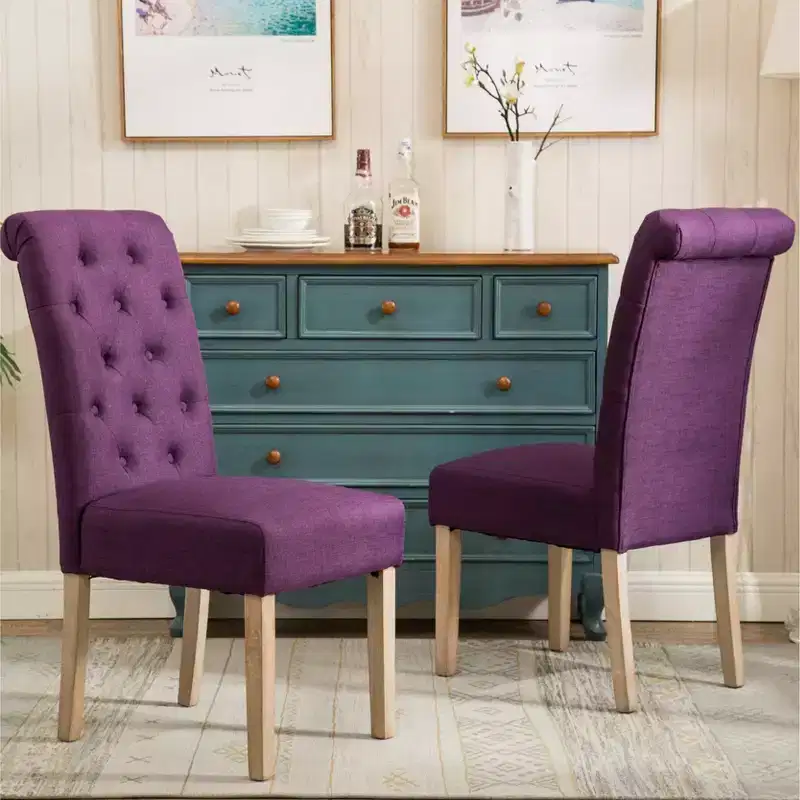 Roundhill Furniture Habit Solid Wood Tufted Parsons Dining Chair, Purple, Set of 2