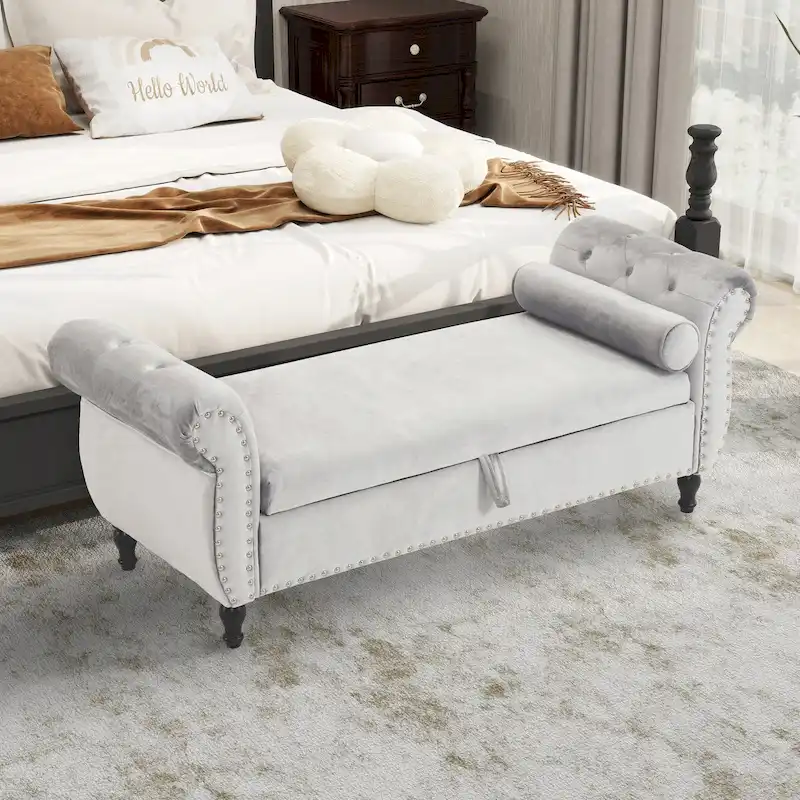 Velvet Storage Rectangular Bench With 1 Pillow,Ottoman For Living Rooms And Entryway