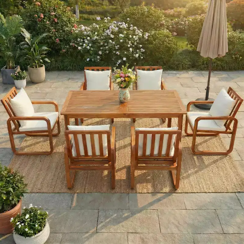 GDFStudio Camille 7-Piece Acacia Wood Patio Dining Set with Cushions