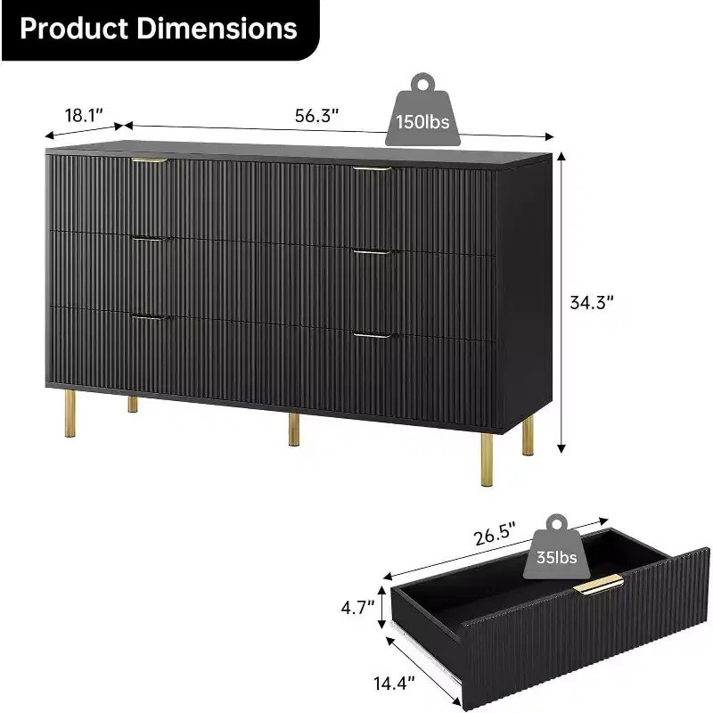 Modern 6 Drawer Dresser for Bedroom with Gold Handle and Large Drawer, Wood Double Chest of Drawers and Storage Organizer for Home