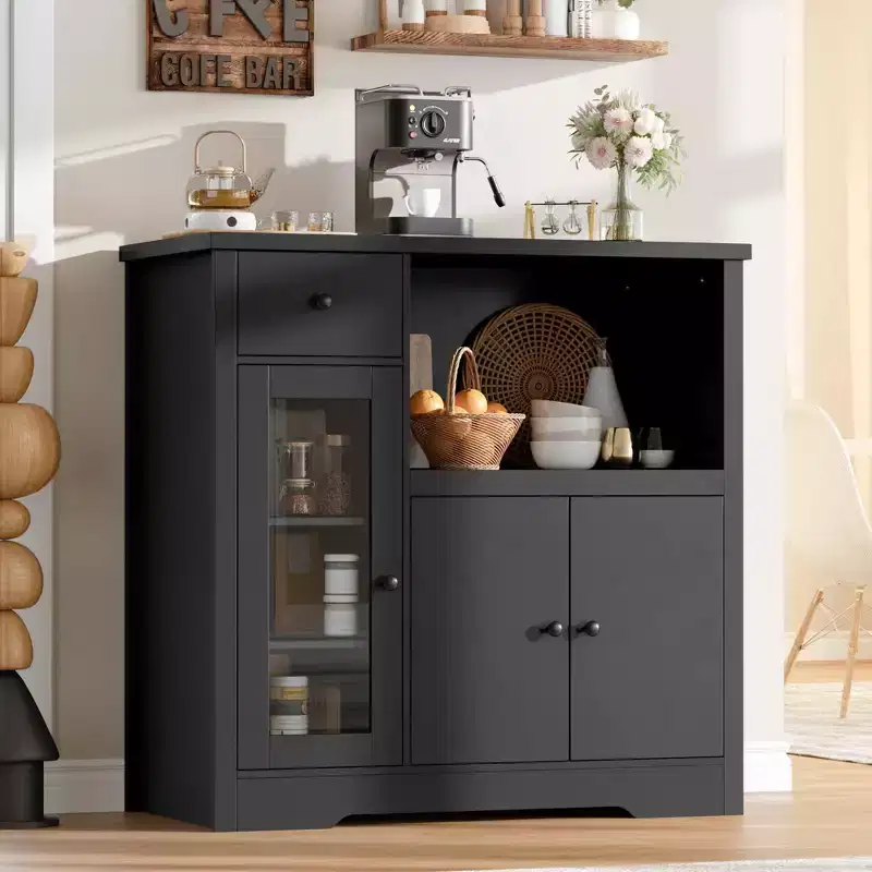Buffet Storage Cabinet Sideboard with 3 Doors, 1 Drawer and Adjustable Shelves for Kitchen, Dining Room, Living Room and Hallway in Black