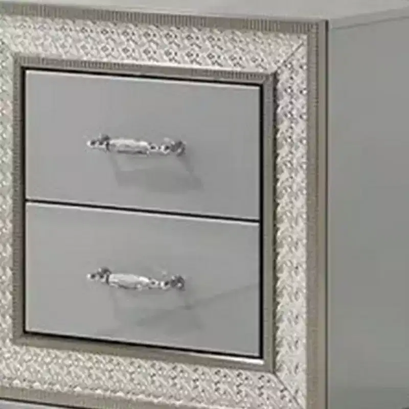 Nightstand with 2 Drawers, Scale Molding Trim, Metallic Gray Wood
