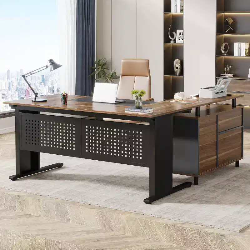 Lantine 63 Inch Executive Desk with File Cabinet, Large Office Desk L Shaped Computer Desk with Drawers for Home Office, Brown and Black