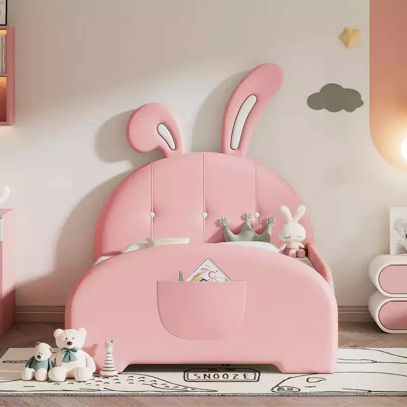 MAYEERTY Twin Size Upholatered Rabbit Shaped Princess Bed with Headboard and Footboard Pink