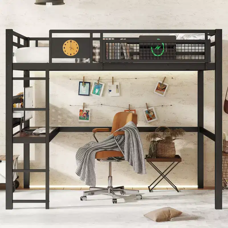 ModernLuxe Twin XL/Full Size Metal Loft Bed with Desk, Charging Port, Storage Basket & Clock, Black
